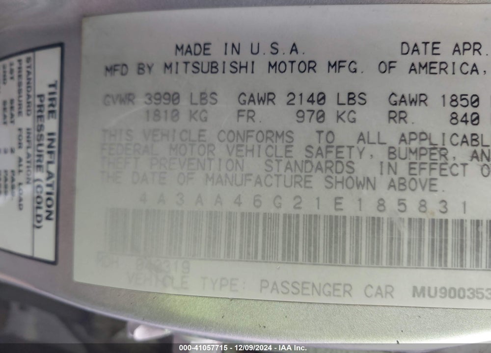 2001 MITSUBISHI GALANT ES VIN: 4A3AA46G21E185831