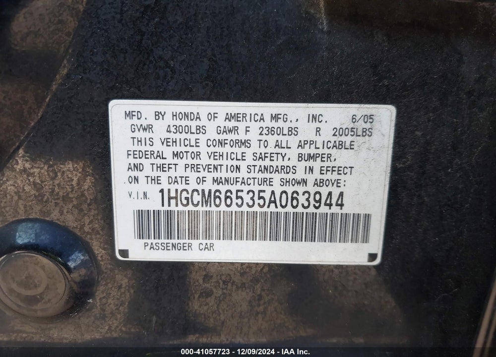 2005 HONDA ACCORD 3.0 EX VIN: 1HGCM66535A063944