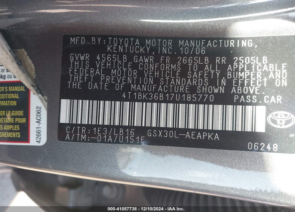 2007 TOYOTA AVALON LIMITED VIN: 4T1BK36B17U185770