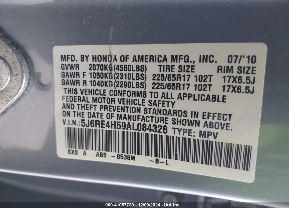 2010 HONDA CR-V EX VIN: 5J6RE4H59AL084328