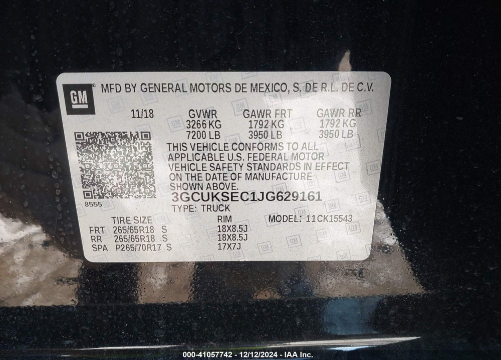 2018 CHEVROLET SILVERADO 1500 VIN: 3GCUKSEC1JG629161