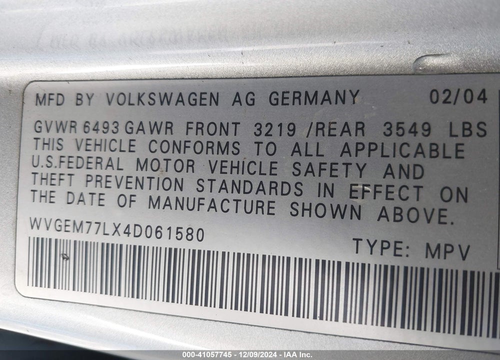 2004 VOLKSWAGEN TOUAREG V8 VIN: WVGEM77LX4D061580
