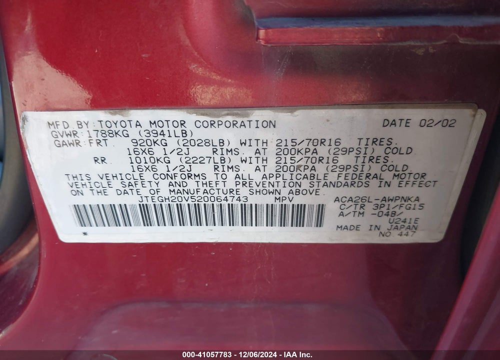 2002 TOYOTA RAV4 VIN: JTEGH20V520064743