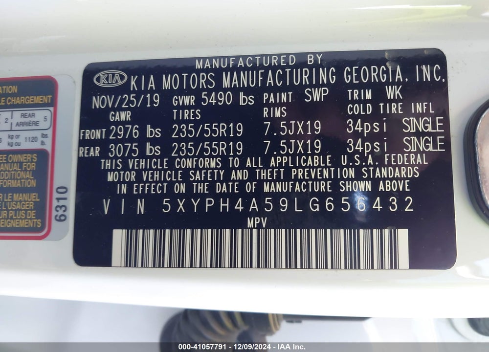2020 KIA SORENTO 3.3L EX VIN: 5XYPH4A59LG656432