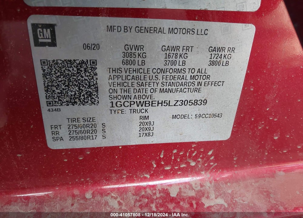 2020 CHEVROLET SILVERADO 1500 VIN: 1GCPWBEH5LZ305839