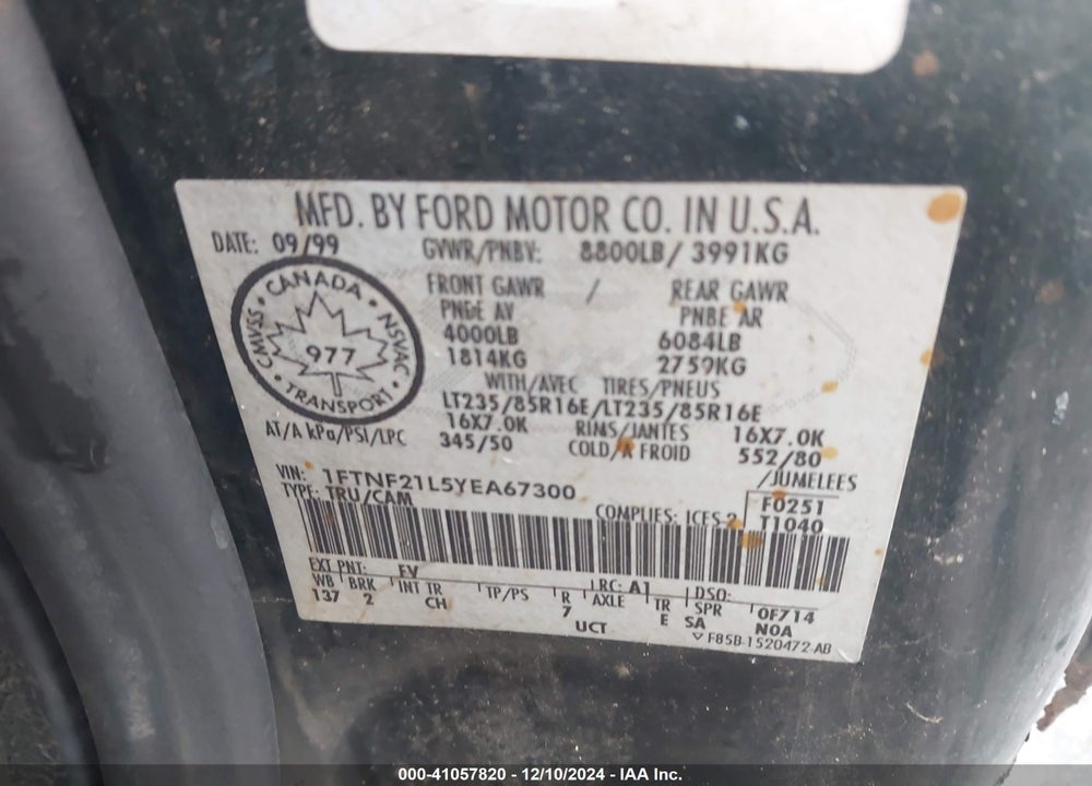 2000 FORD F-250 LARIAT/XL/XLT VIN: 1FTNF21L5YEA67300