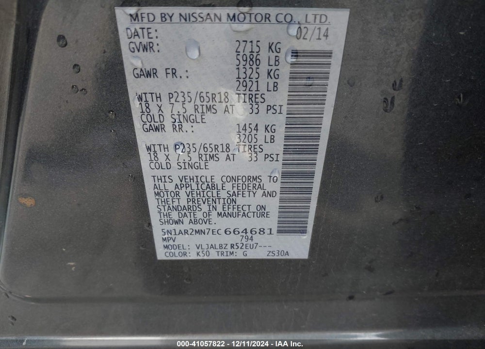 2014 NISSAN PATHFINDER PLATINUM/S/SL/SV VIN: 5N1AR2MN7EC664681