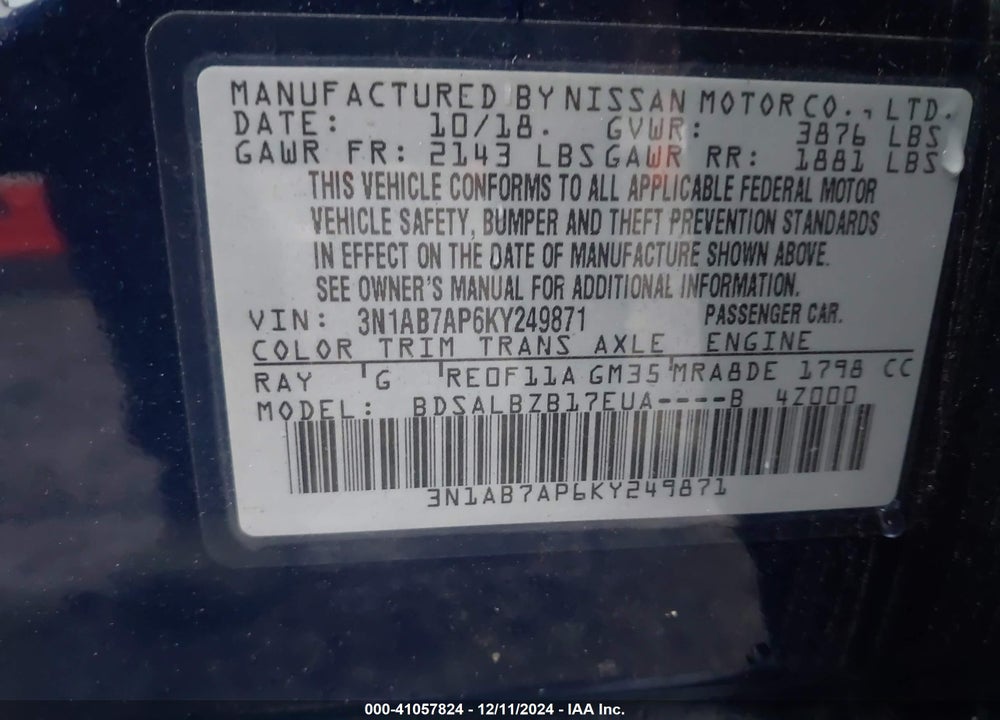 2019 NISSAN SENTRA S VIN: 3N1AB7AP6KY249871