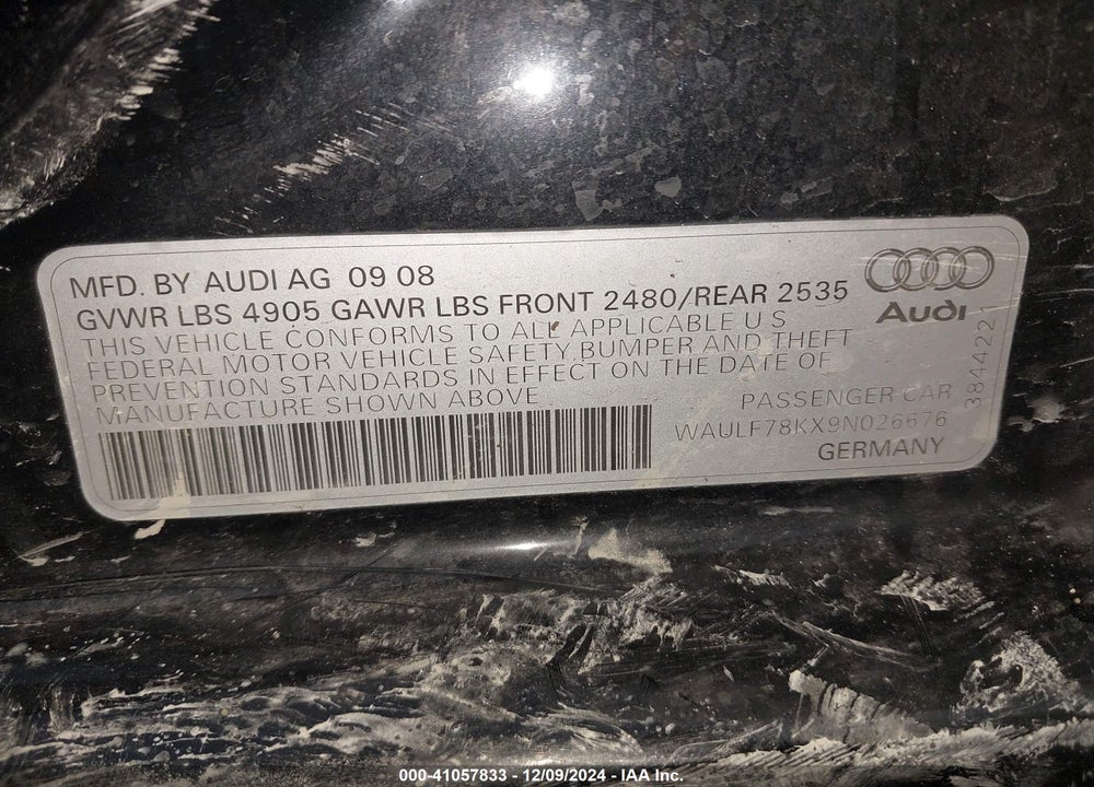 2009 AUDI A4 2.0T PREMIUM VIN: WAULF78KX9N026676