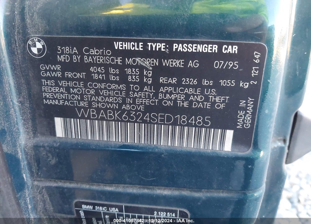 1995 BMW 318 IC AUTOMATIC VIN: WBABK6324SED18485
