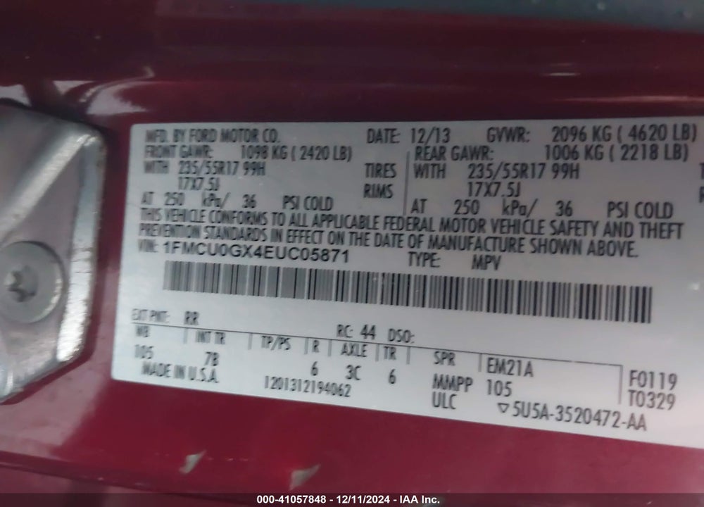2014 FORD ESCAPE SE VIN: 1FMCU0GX4EUC05871