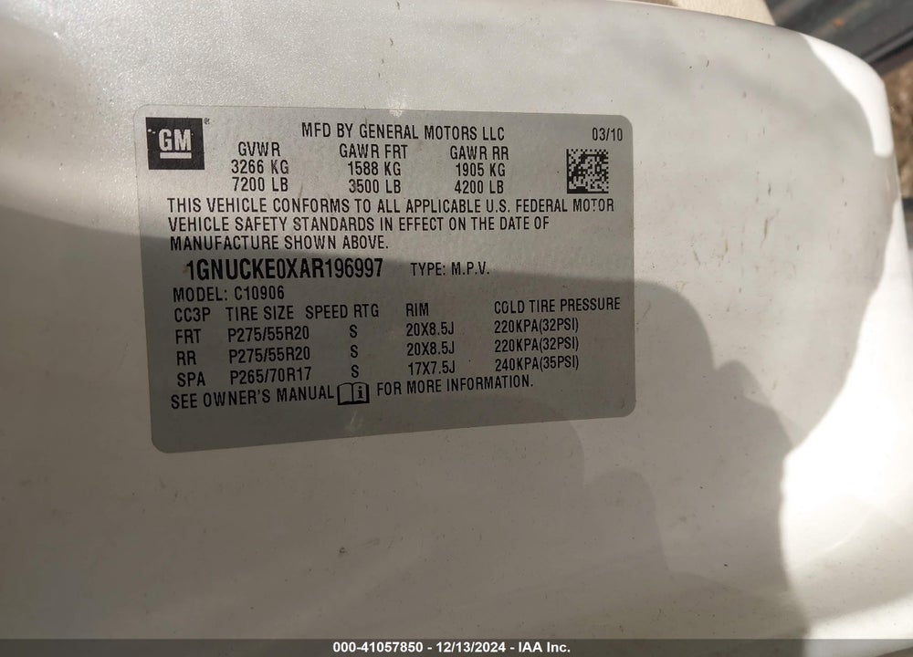 2010 CHEVROLET SUBURBAN 1500 LTZ VIN: 1GNUCKE0XAR196997