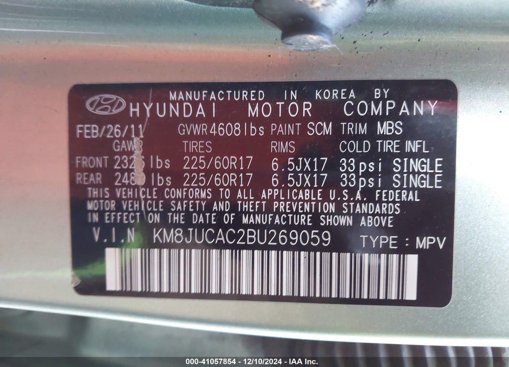 2011 HYUNDAI TUCSON GLS VIN: KM8JUCAC2BU269059