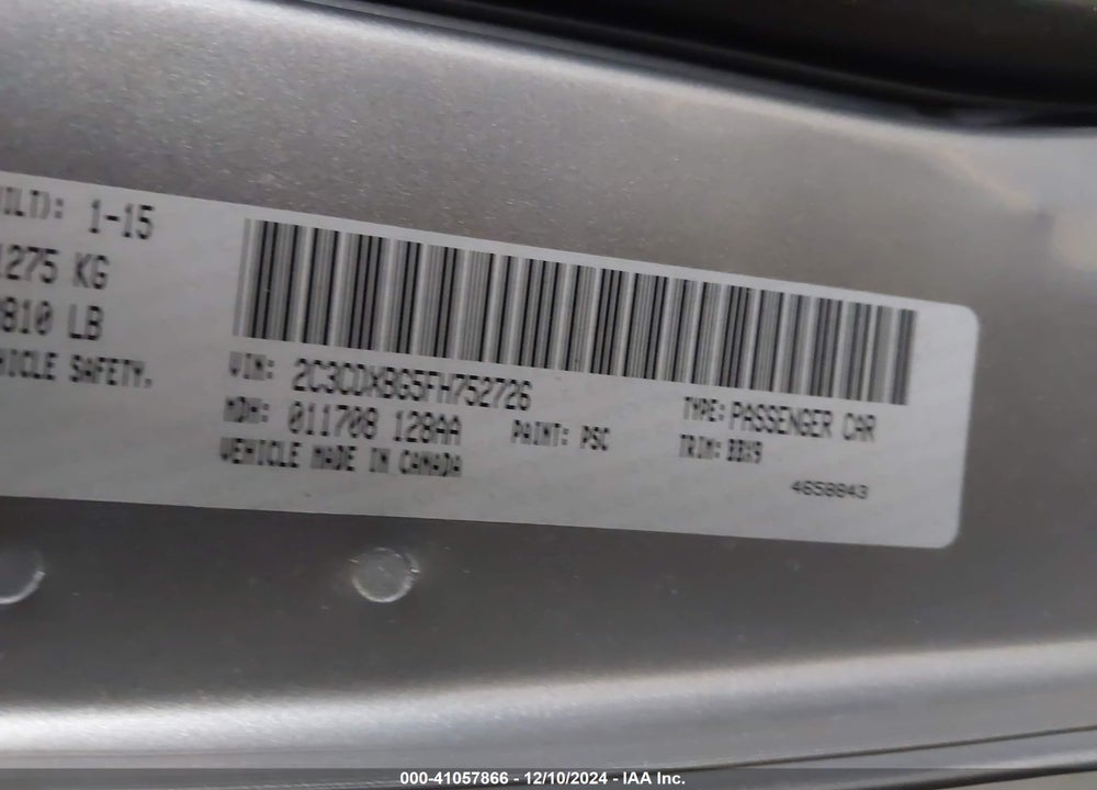 2015 DODGE CHARGER SE VIN: 2C3CDXBG5FH752726