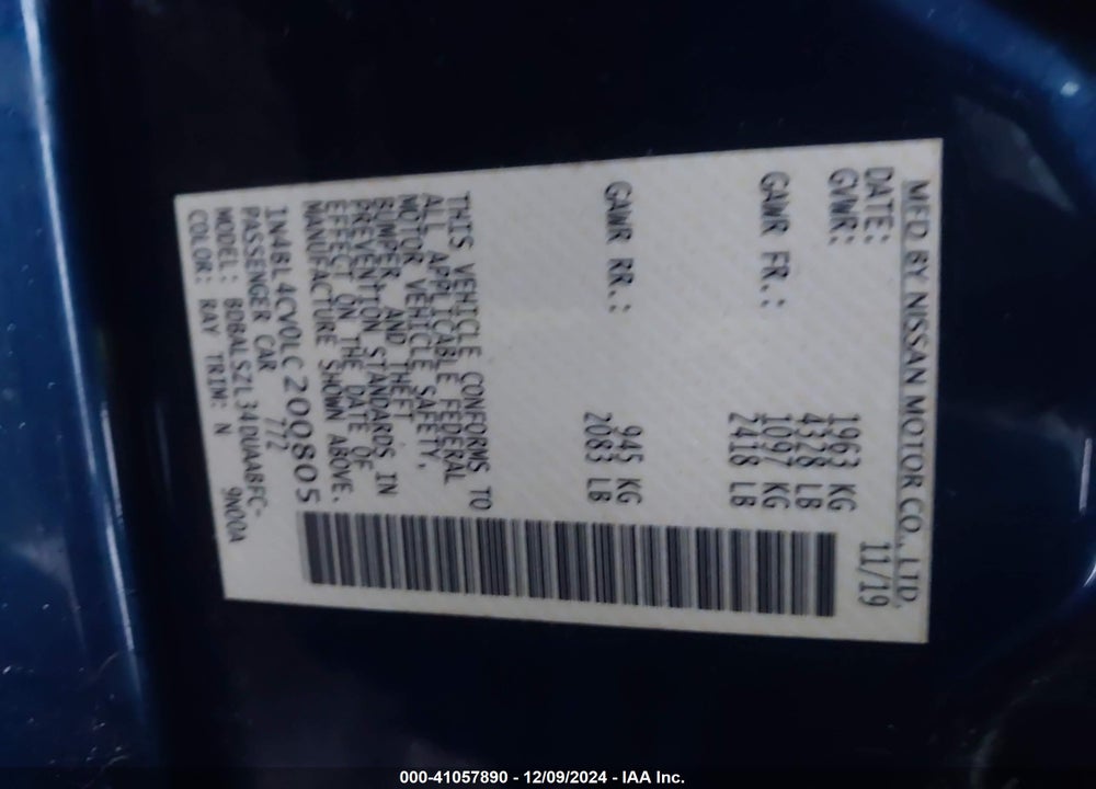 2020 NISSAN ALTIMA SR VIN: 1N4BL4CV0LC200805