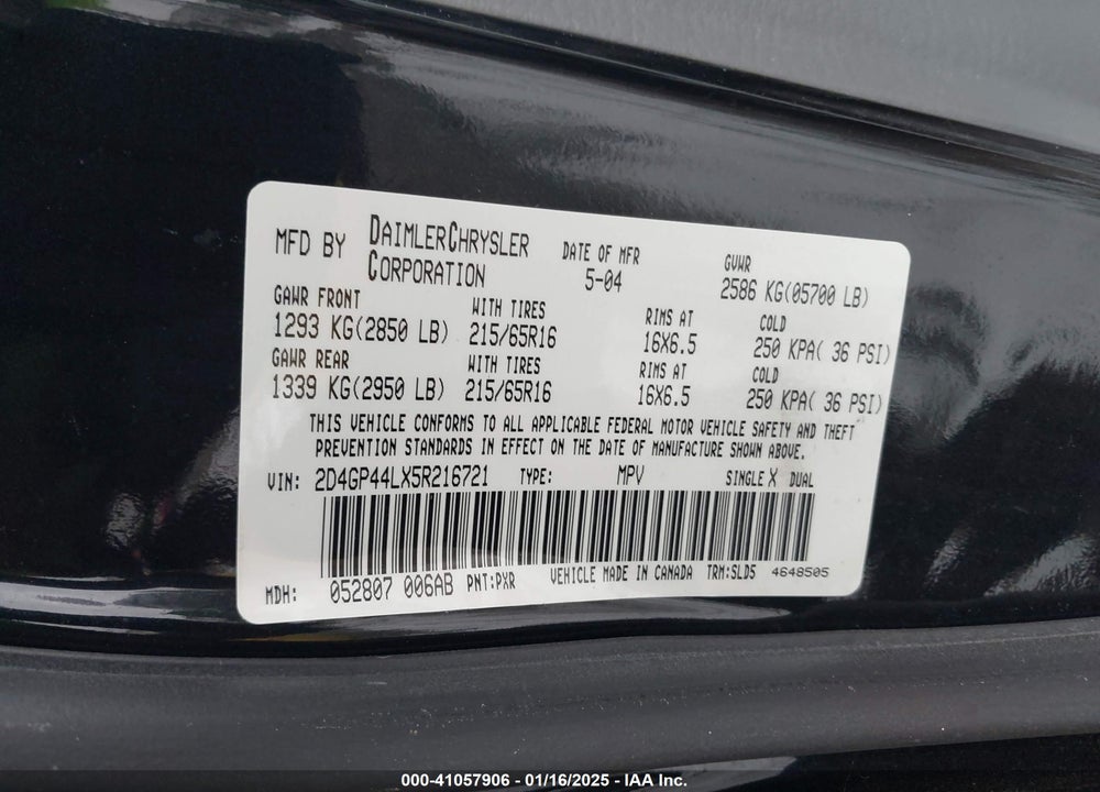 2005 DODGE GRAND CARAVAN SXT VIN: 2D4GP44LX5R216721
