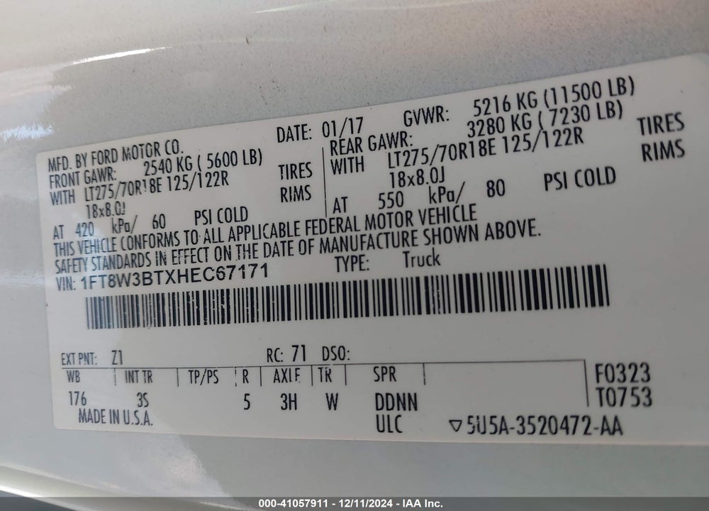 2017 FORD F-350 XLT VIN: 1FT8W3BTXHEC67171