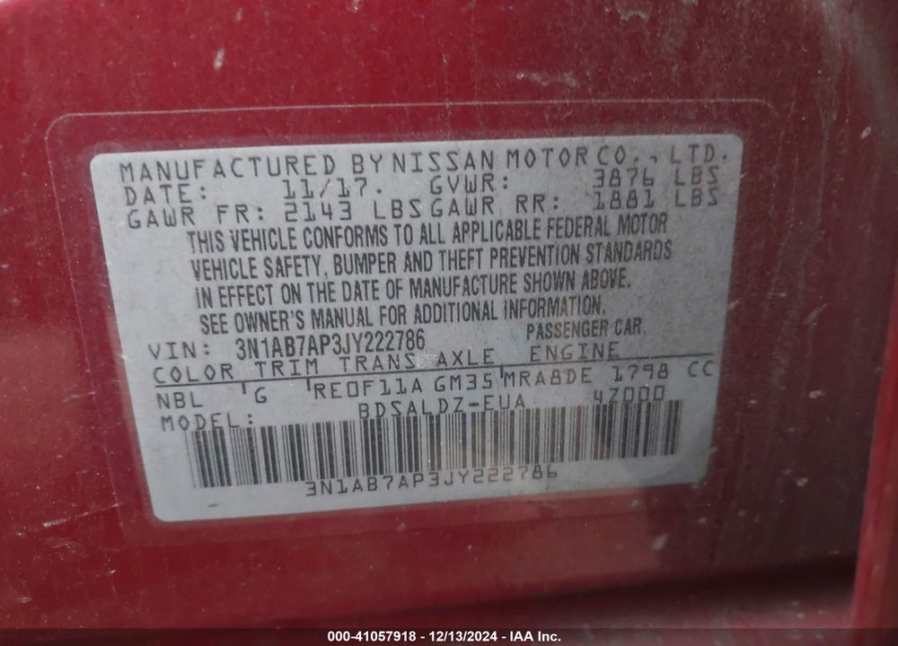 2018 NISSAN SENTRA SV VIN: 3N1AB7AP3JY222786