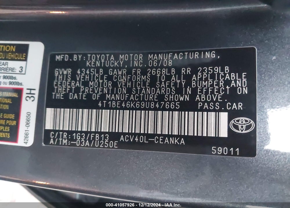 2009 TOYOTA CAMRY LE VIN: 4T1BE46K69U847665