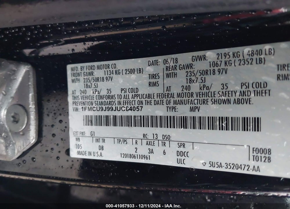 2018 FORD ESCAPE TITANIUM VIN: 1FMCU9J99JUC84057