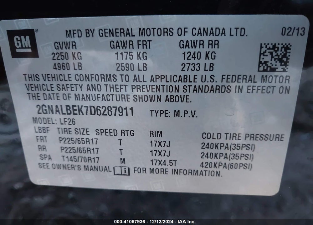 2013 CHEVROLET EQUINOX LS VIN: 2GNALBEK7D6287911