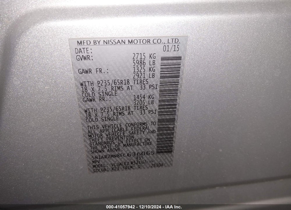 2015 NISSAN PATHFINDER PLATINUM/S/SL/SV VIN: 5N1AR2MN8FC636065