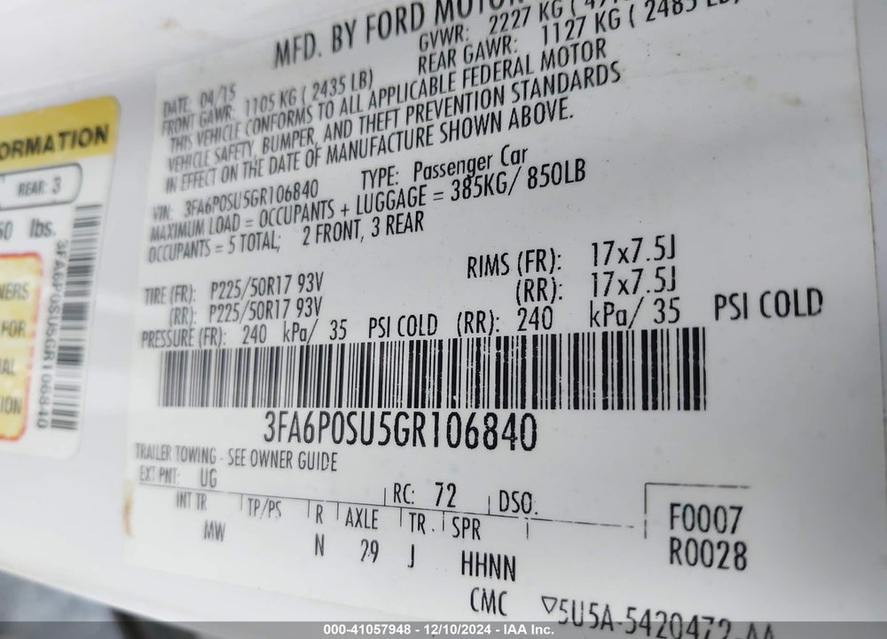 2016 FORD FUSION ENERGI TITANIUM VIN: 3FA6P0SU5GR106840