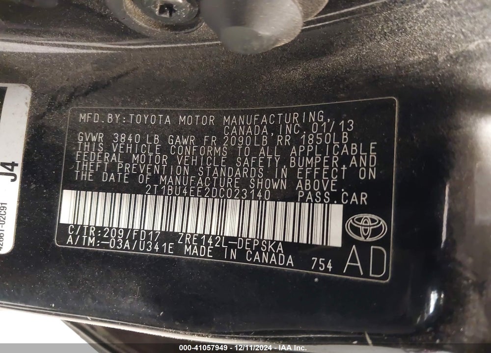 2013 TOYOTA COROLLA S VIN: 2T1BU4EE2DC023140