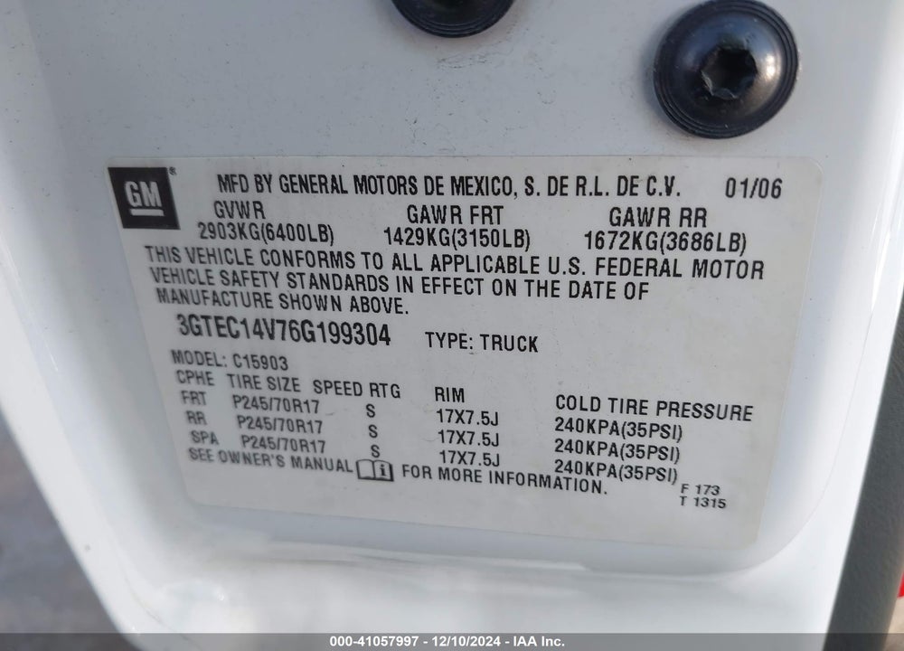 2006 GMC SIERRA 1500 SLE1 VIN: 3GTEC14V76G199304