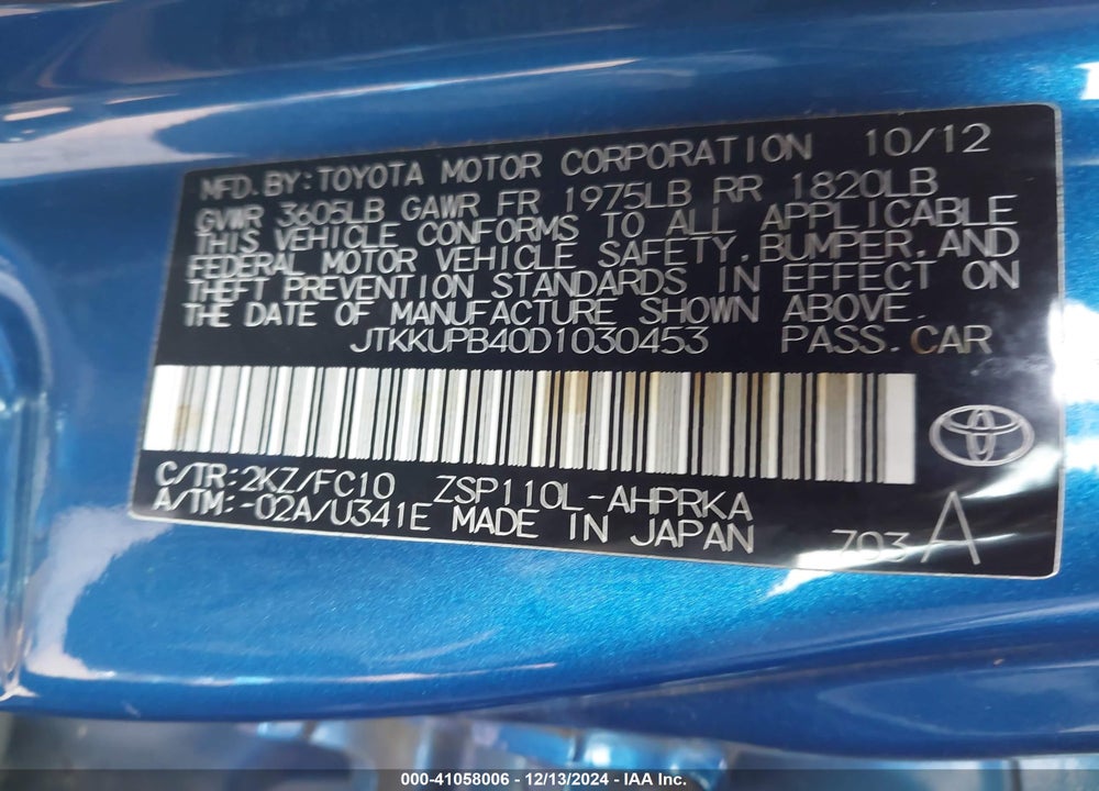 2013 SCION XD VIN: JTKKUPB40D1030453