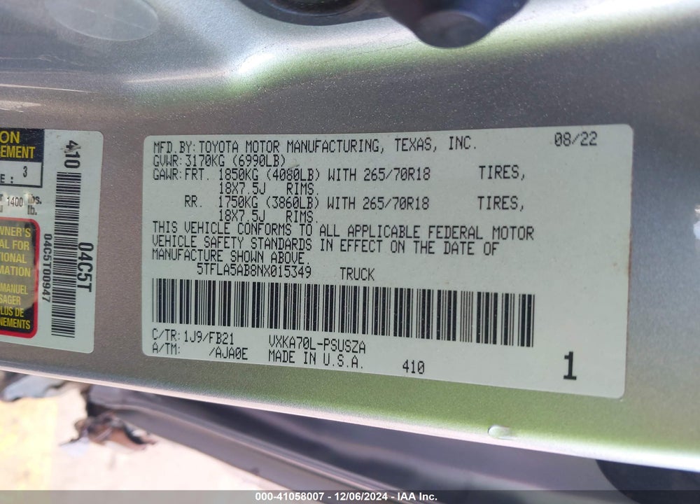 2022 TOYOTA TUNDRA SR5 VIN: 5TFLA5AB8NX015349