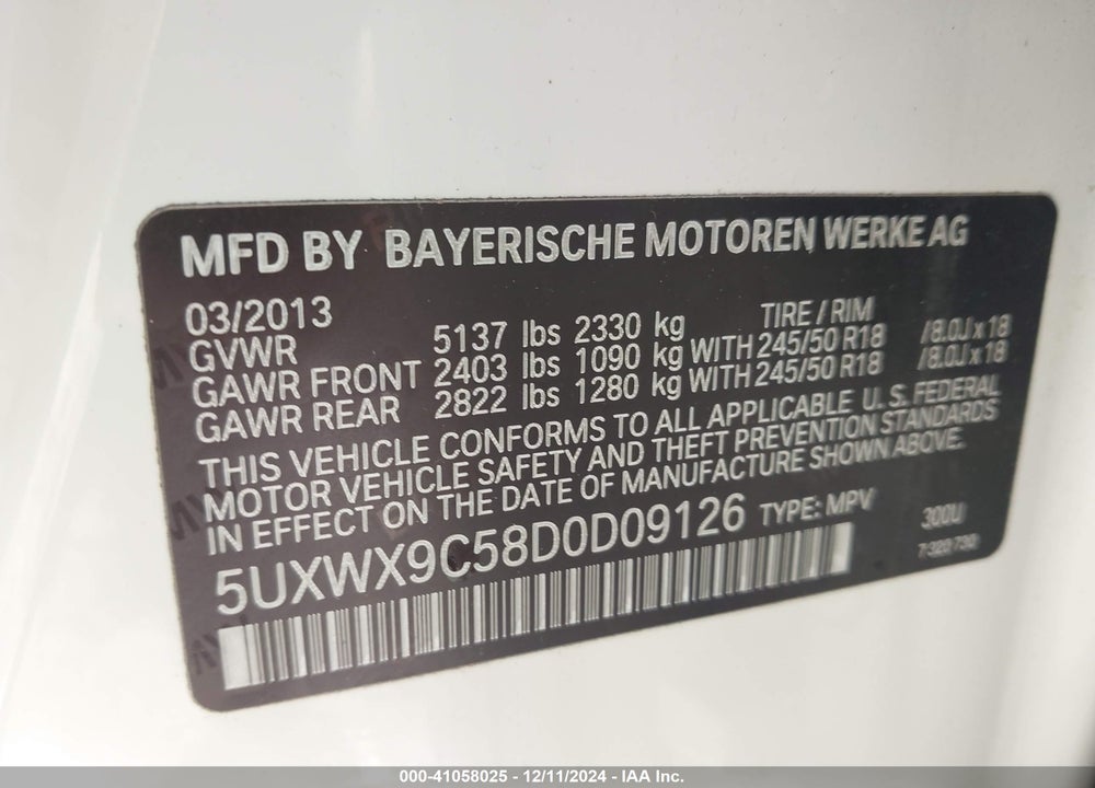 2013 BMW X3 VIN: 5UXWX9C58D0D09126