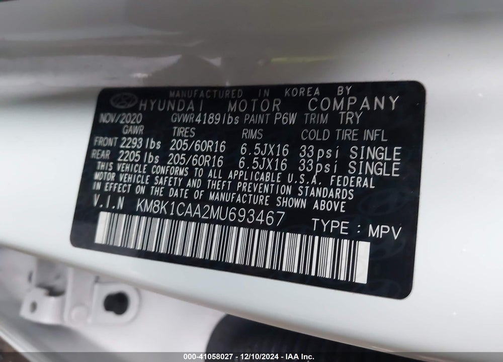 2021 HYUNDAI KONA SE VIN: KM8K1CAA2MU693467