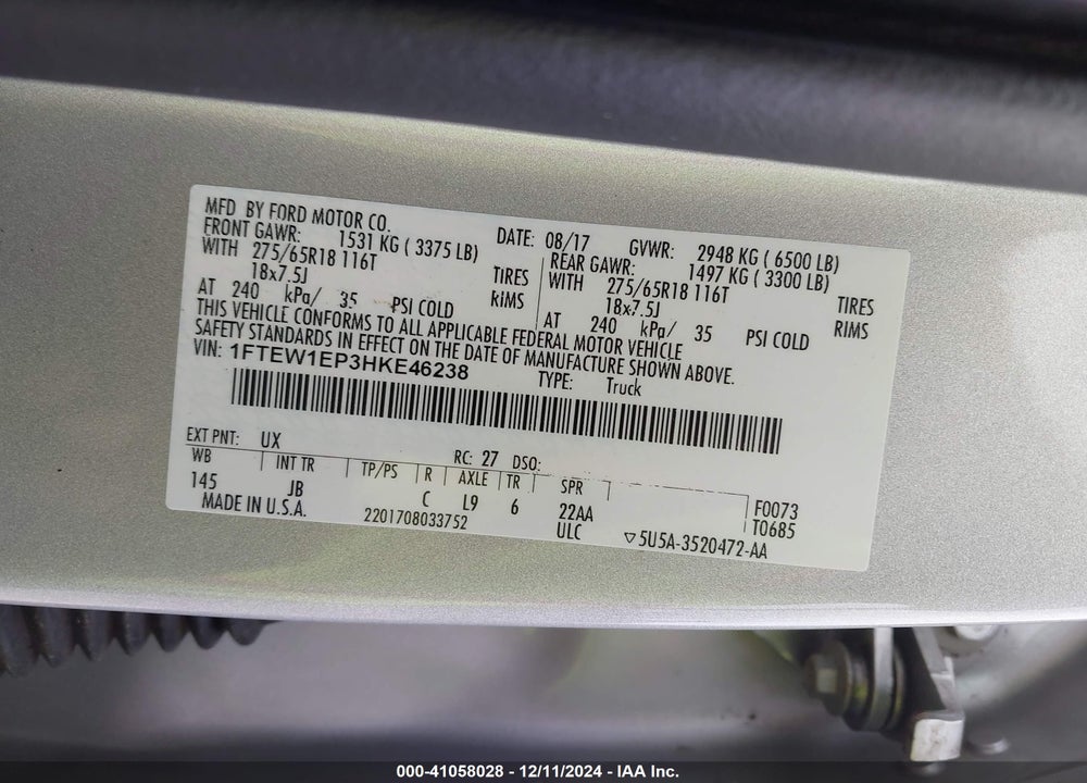 2017 FORD F-150 XLT VIN: 1FTEW1EP3HKE46238