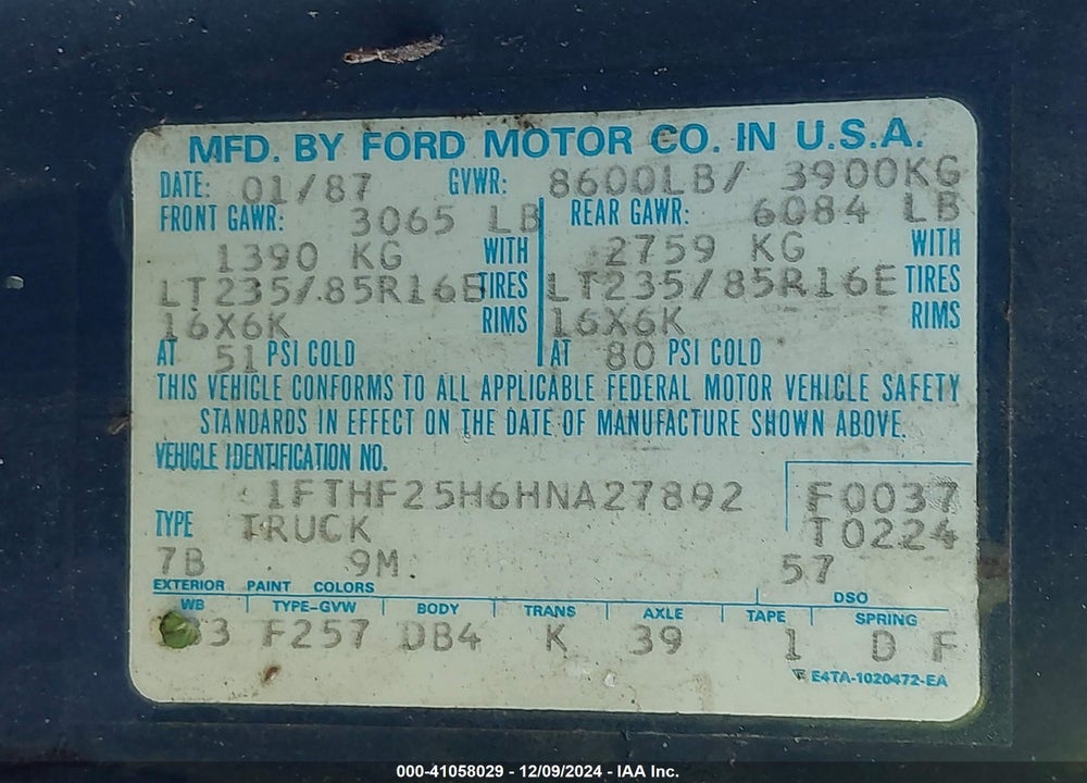 1987 FORD F250 VIN: 1FTHF25H6HNA27892