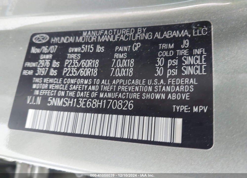 2008 HYUNDAI SANTA FE LIMITED/SE VIN: 5NMSH13E68H170826