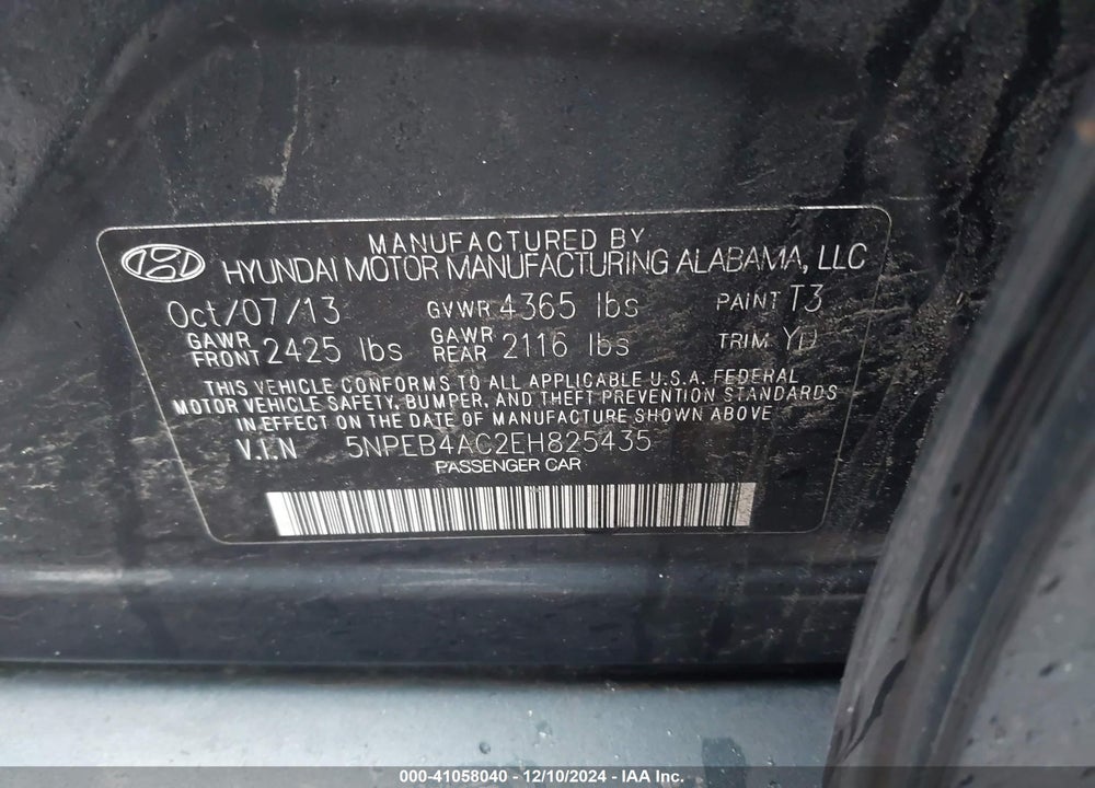 2014 HYUNDAI SONATA GLS VIN: 5NPEB4AC2EH825435