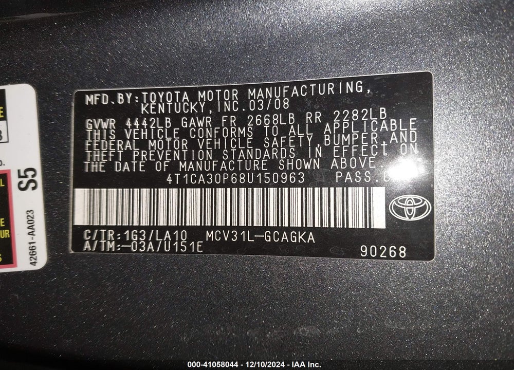 2008 TOYOTA CAMRY SOLARA VIN: 4T1CA30P68U150963