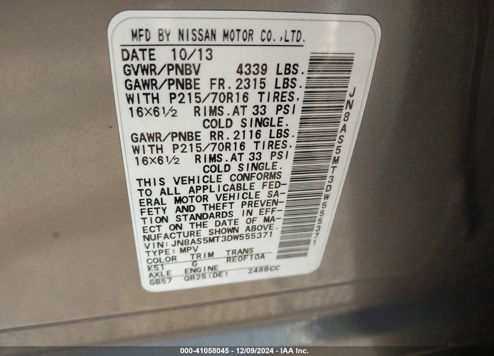 2013 NISSAN ROGUE S VIN: JN8AS5MT3DW555371