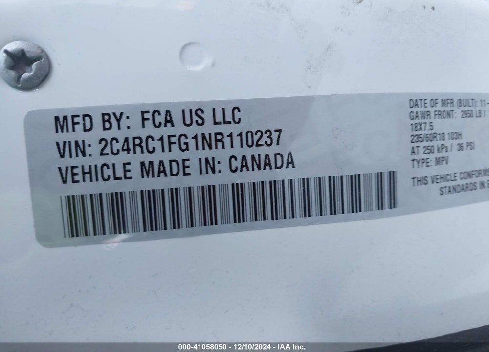 2022 CHRYSLER PACIFICA TOURING VIN: 2C4RC1FG1NR110237