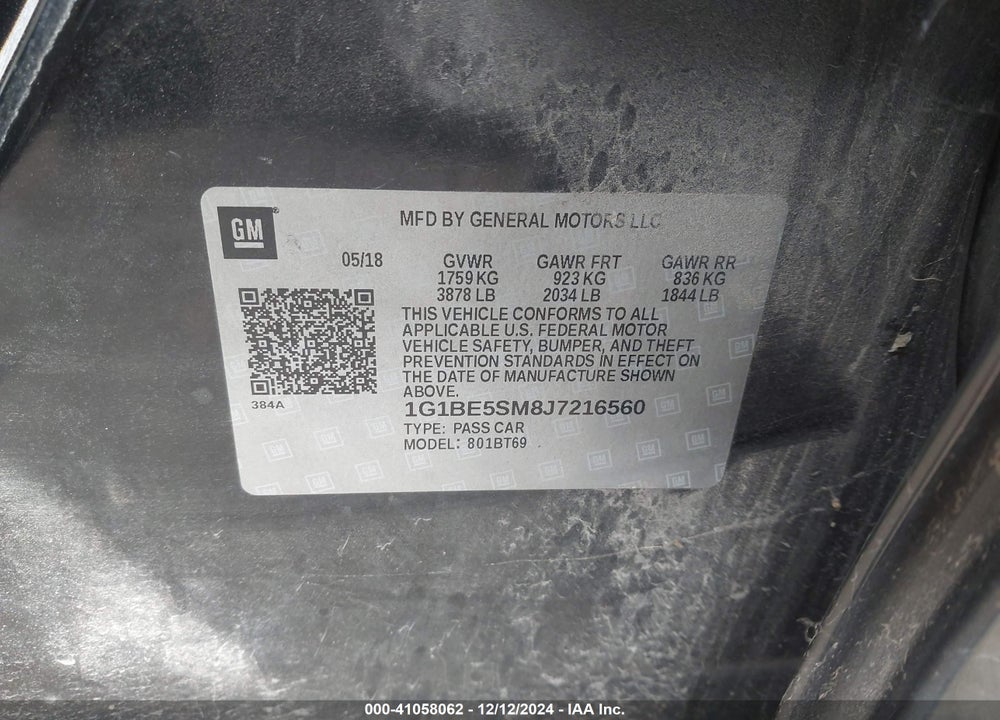 2018 CHEVROLET CRUZE LT AUTO VIN: 1G1BE5SM8J7216560