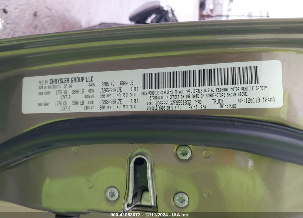 2015 RAM 1500 OUTDOORSMAN VIN: 1C6RR7LG7FS551352