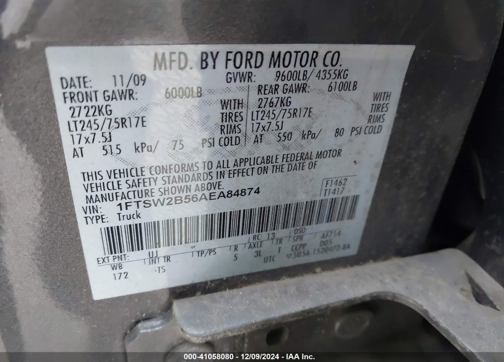 2010 FORD F-250 CABELA'S/KING RANCH/LARIAT/XL/XLT VIN: 1FTSW2B56AEA84874