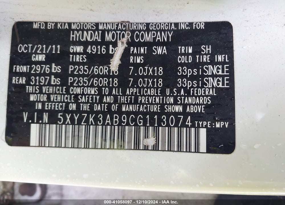 2012 HYUNDAI SANTA FE LIMITED VIN: 5XYZK3AB9CG113074