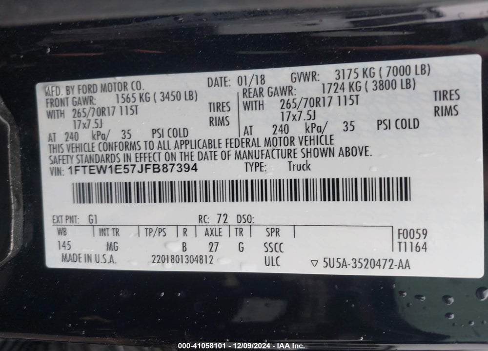 2018 FORD F-150 XLT VIN: 1FTEW1E57JFB87394