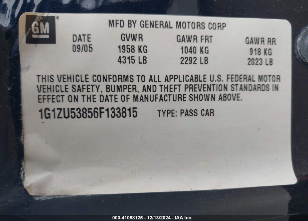 2006 CHEVROLET MALIBU LTZ VIN: 1G1ZU53856F133815