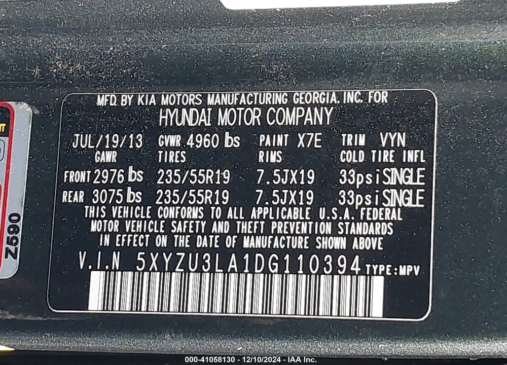 2013 HYUNDAI SANTA FE SPORT 2.0T VIN: 5XYZU3LA1DG110394