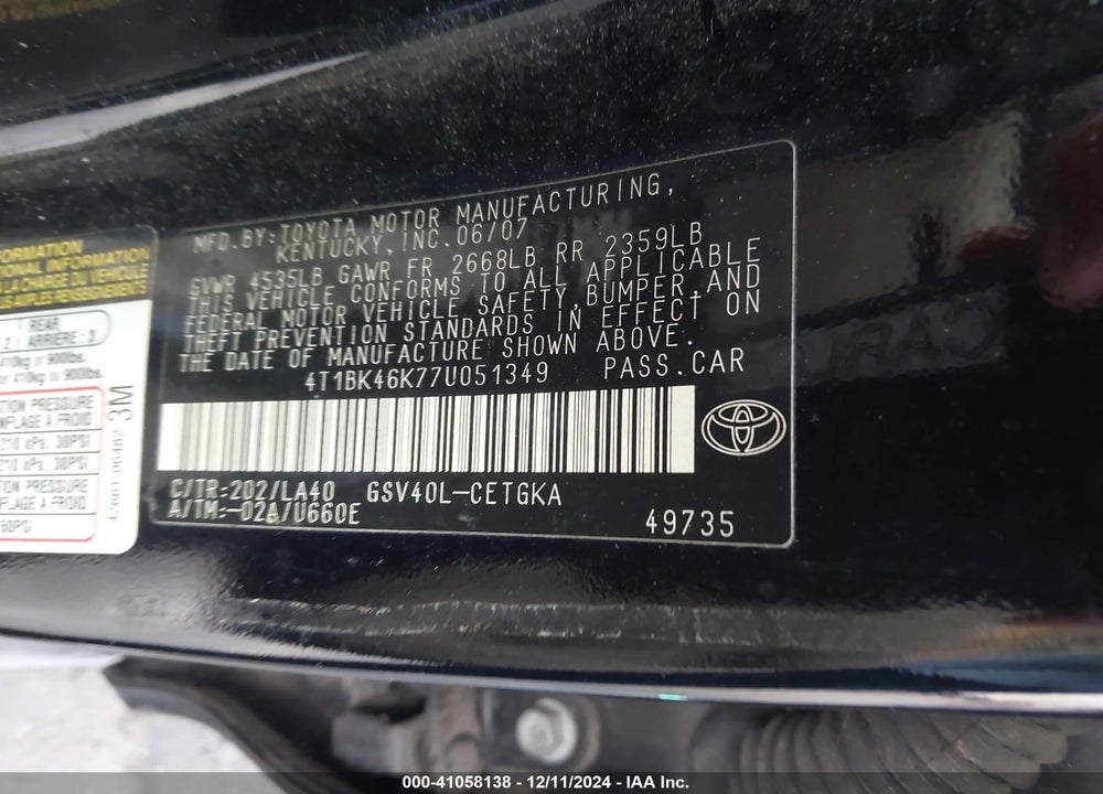 2007 TOYOTA CAMRY XLE V6 VIN: 4T1BK46K77U051349