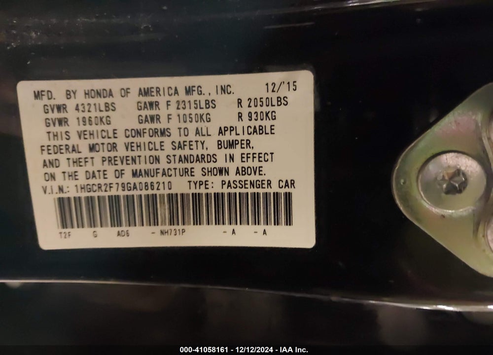 2016 HONDA ACCORD EX VIN: 1HGCR2F79GA086210
