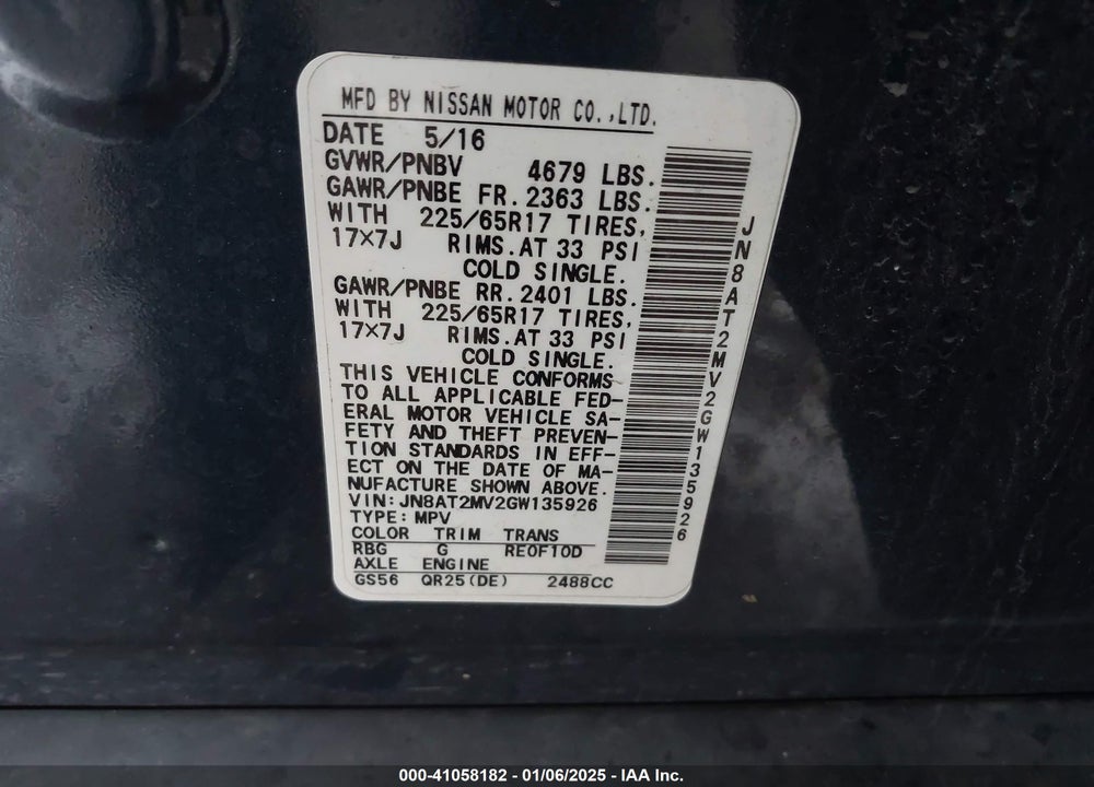 2016 NISSAN ROGUE SV VIN: JN8AT2MV2GW135926